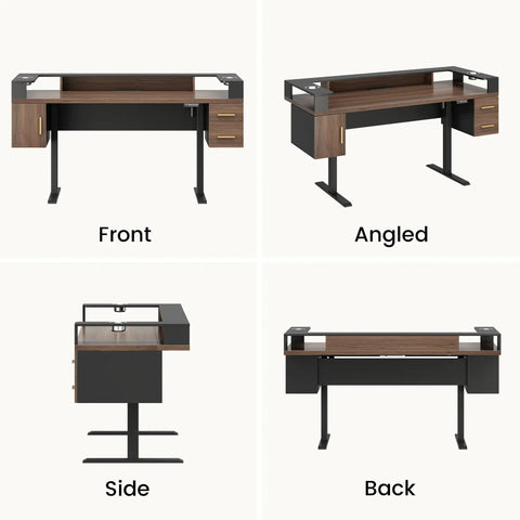 61 Inch Electric Adjustable Standing Desk With Two Smooth Glide Drawers And Latched Storage Cabinet Dual Drip Proof Cup Holders Heavy Duty Steel Frame Quiet Motor front view
