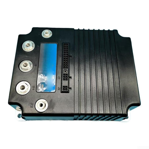 DC motor controller for golf carts, black enclosure with blue label, four terminal studs and multi-pin connector