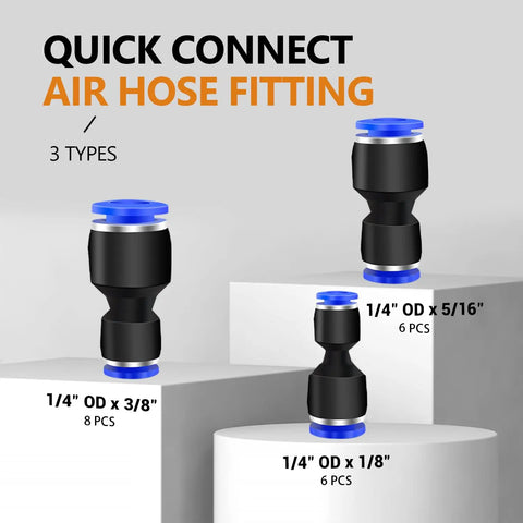 Push To Connect Reducer Fittings Kit, 20 Piece Air Hose Quick Connect Set With 1/4 OD x 3/8, 5/16, 1/8 OD Sizes