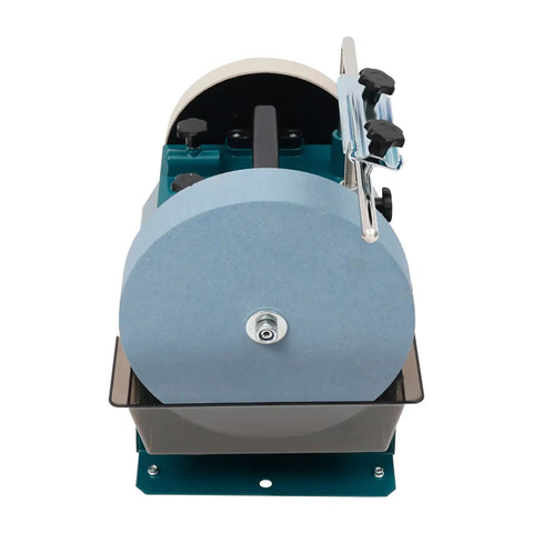 Badass 10 Inch Water Cooled Knife Sharpening Machine 240W Electric Bench Grinder with grinding wheel from front view.