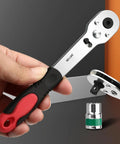 Heavy Duty One Quarter Inch Ratcheting Wrench Set Forged From Durable Carbon Steel in hand, ideal for tight spaces.