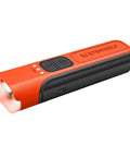 Flat USB C Rechargeable LED Flashlight With 6 Modes Ultra Bright Handheld Light in vivid orange showing side view and buttons