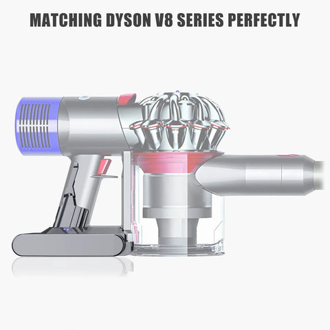 8000mAh Replacement Battery For Dyson V8 Vacuum Cleaner Series shown installed on Dyson V8 vacuum cleaner