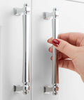 10 Pack 5 Inch Hole Centers Polished Chrome Cabinet Pulls with 1 Inch and 1 1/2 Inch Screws, solid metal hardware on white cabinet