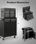 Five Drawer Rolling Tool Chest With Removable Tool Cabinet And Sliding Metal Organizer Lockable Drawers For Diyers And Pros In The Garage Durable Mobile Tool Storage For Home Workshop, black metal with wheels, dimensions labeled