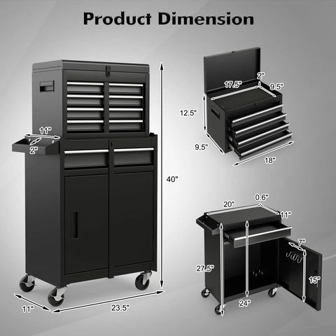Five Drawer Rolling Tool Chest With Removable Tool Cabinet And Sliding Metal Organizer Lockable Drawers For Diyers And Pros In The Garage Durable Mobile Tool Storage For Home Workshop, black metal with wheels, dimensions labeled