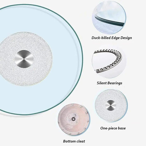 Round Tempered Glass Lazy Susan Turntable With Large Aluminum Base showing edge design and silent bearings