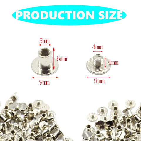 Knockout Silver Chicago Binding Screws M5 X 6Mm Nickel Plated Flat Head Rivet Set sizes, showing 5mm and 6mm dimensions.