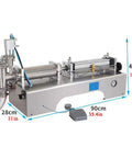 Top Tier Automatic Bottle Filler With Fully Pneumatic Piston Drive, Drip Proof Single Head Nozzle, Horizontal Liquid Filling Machine For Beverages And Cosmetics, 1000 To 5000 Ml Range, Hassle Free Setup And No Sweat Operation side view showing stainless steel design and measurement details.