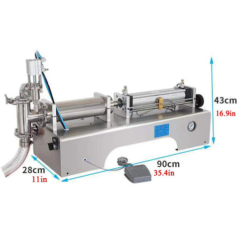 Top Tier Automatic Bottle Filler With Fully Pneumatic Piston Drive, Drip Proof Single Head Nozzle, Horizontal Liquid Filling Machine For Beverages And Cosmetics, 1000 To 5000 Ml Range, Hassle Free Setup And No Sweat Operation side view showing stainless steel design and measurement details.