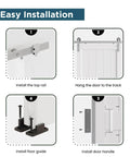 Installation steps for 40 x 84 Inch Solid Wood Paneled Sliding Barn Door With Brushed Nickel Hardware Kit, showing rail, track, guide, and handle.
