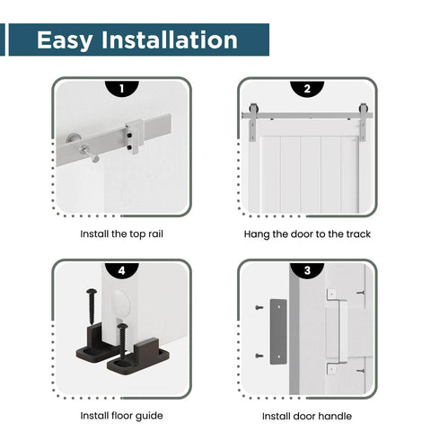 Installation steps for 40 x 84 Inch Solid Wood Paneled Sliding Barn Door With Brushed Nickel Hardware Kit, showing rail, track, guide, and handle.