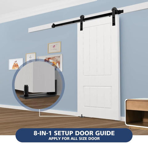 Heavy Duty Sliding Barn Door Floor Guide With Adjustable Rollers For That Slick Smooth Glide Rock Sturdy Steel Build seen in home setting.