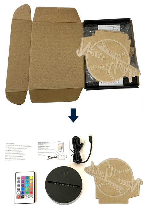 Unboxed 3D Baseball Night Light With New York Vibe, Remote Control And 16 Color Options, 4 Dynamic Modes, base, and accessories shown