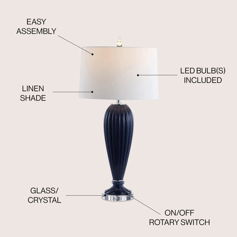 Navy Ribbed Glass Table Lamp With Crystal Base For Living Room And Bedroom, Contemporary Bedside Light With White Faux Silk Shade, LED Bulb Included, UL Listed, ETL Safe, Modern Decor, showing linen shade and bulb details.