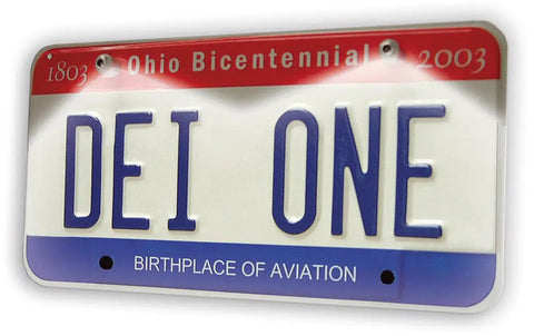Ohio license plate reading 'DEI ONE' with bicentennial design and aviation birthplace text