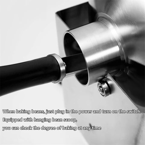 Built Tough Electric Coffee Bean Roaster Featuring Precision Thermometer Probe and Heavy Duty Stainless Steel Construction. Close-up of bean scoop.