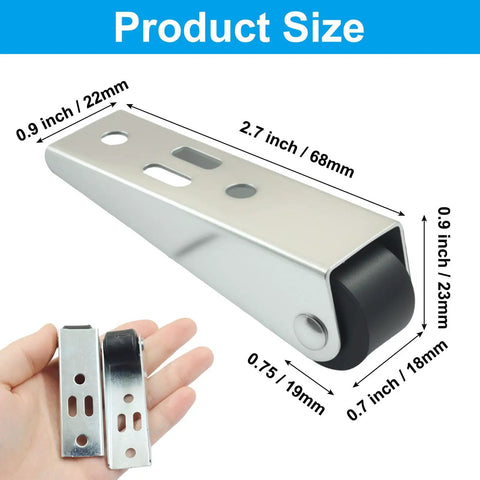 Heavy Duty Long Frame Rigid Casters 4 Pack 0.9 Inch Silver Wheels, showing size details and stainless steel brackets.
