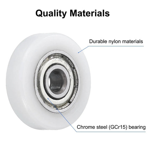 8 Pack Heavy Duty Nylon Ball Bearings 3X15X4mm Mini Roller Idler Guide Pulley With ABEC 1 Precision Rating close-up showing durable nylon and chrome steel bearing.