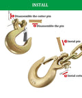 Four Pack Heavy Duty Forged Steel G70 Clevis Slip Hooks With Spring Loaded Safety Latch One Quarter Inch Tow Chain Grab Hooks Built Tough For Real Trailer Hauling Work installation instructions with cotter pin and hooks.