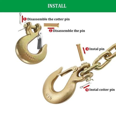 Four Pack Heavy Duty Forged Steel G70 Clevis Slip Hooks With Spring Loaded Safety Latch One Quarter Inch Tow Chain Grab Hooks Built Tough For Real Trailer Hauling Work installation instructions with cotter pin and hooks.