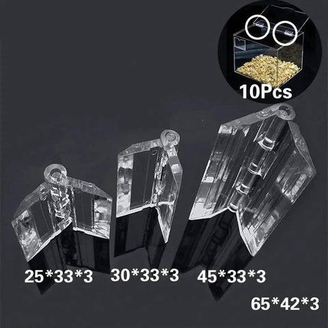 Clear Plastic Folding Hinge Set For Cabinets And Furniture Doors 10 Pieces with sizes 25x33x3 to 65x42x3, acrylic material