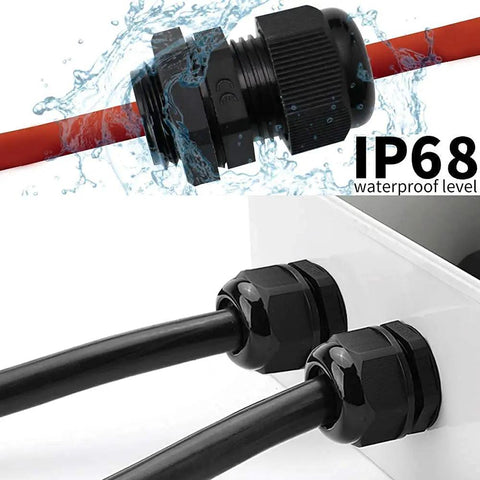 20 Pack Black Plastic Waterproof Cable Glands M20x1.5 For 6 To 11mm Cables, Tough IP67 IP68 Rated Seals, shown in use