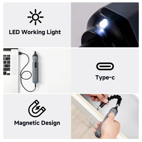 Mini Cordless Electric Screwdriver Set With Precision Bits, 250 RPM Motor, And Bright LED Light showing LED light and magnetic design.