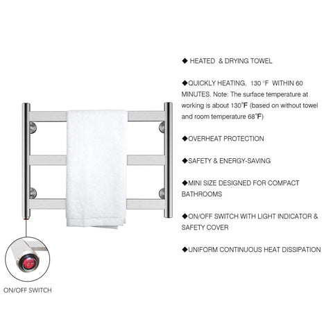 Three Bar Towel Warmer Dryer For Bathroom Wall Mounted Plug In Towel Heater In Brushed Stainless Steel Energy Efficient 60W shown with towel