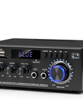 Front view of Dope 400W Bluetooth Stereo Amplifier For Home Audio System With 2 Channel Power featuring USB, FM, SD, remote.