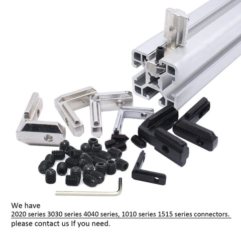 Complete Black 2020 Aluminum Extrusion Corner Brackets Full M5 Fastener Kit T Nuts Screws And Heavy Duty Wrench For V Slot Rig Frames and assorted connectors.