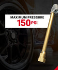 Dual Head Air Chuck With One Quarter Inch FNPT Connection, Heavy Duty Metal Brass Construction, 150 PSI next to tire