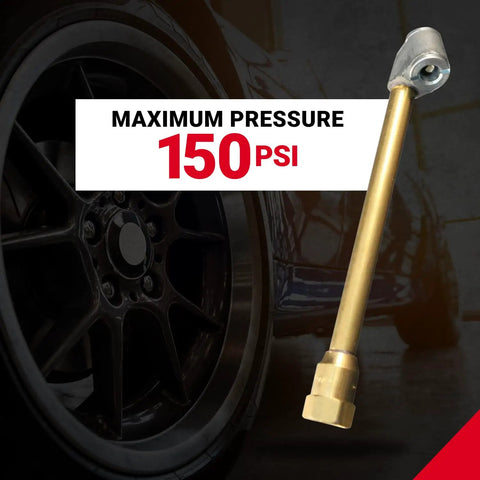 Dual Head Air Chuck With One Quarter Inch FNPT Connection, Heavy Duty Metal Brass Construction, 150 PSI next to tire