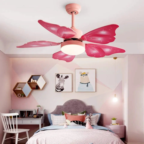 Sleek Decorative Ceiling Fan With Integrated LED Lights And Remote Control in pink butterfly style, perfect for bedroom decor.