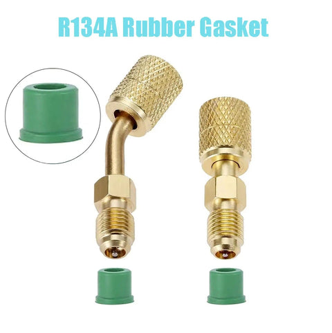 100 Pack Rubber Gasket Replacement Kit For Automotive HVAC O Ring Seals Fits One Quarter Inch Quick Coupler Hoses And Manifold Repair R134A And R410A Refrigerant Systems, showing brass connectors and green rubber gaskets.