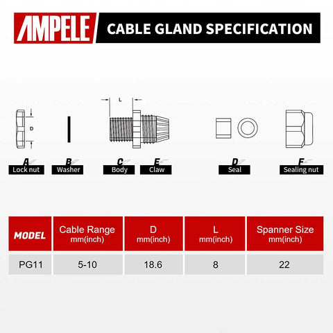 100 Pack PG11 Waterproof Nylon Cable Glands With Gaskets, Adjustable 5-10mm Black Sealing Fittings For Indoor Outdoor Electrical Cables, IP68 UV Resistant Durable PA66 Material Rugged Industrial Grade, specification diagram showing PG11 5-10mm