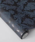 Close-up of Textured Black Damsel Damask Peel And Stick Wallpaper Removable Self Adhesive No Glue Needed With Metallic Gray Details, 20.5 In By 16.5 Ft Roll