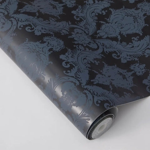 Close-up of Textured Black Damsel Damask Peel And Stick Wallpaper Removable Self Adhesive No Glue Needed With Metallic Gray Details, 20.5 In By 16.5 Ft Roll