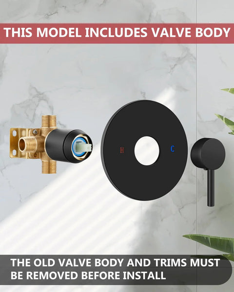Matte black tub/shower faucet set with brass valve body and single-handle control dial