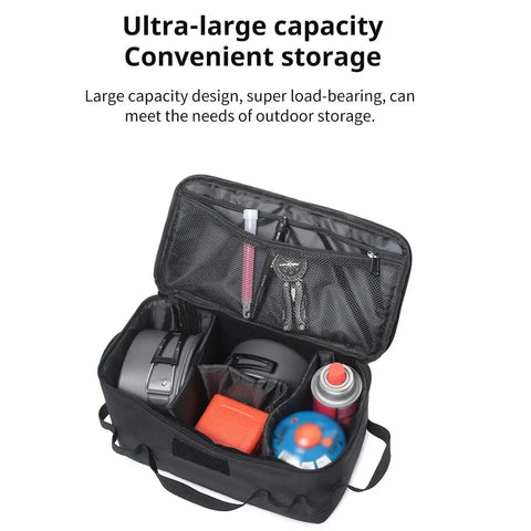 Open Heavy Duty Water Resistant Camping Gear Storage Bag With Detachable Dividers showing cookware and supplies inside