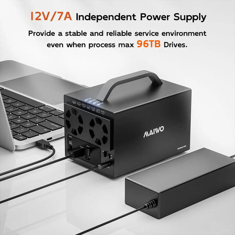Rock Solid 4 Bay SATA Hard Drive RAID Enclosure with independent 12V power supply and dual fans, supports 96TB storage.