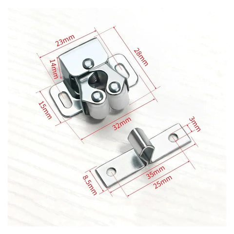Stainless Steel Cabinet Latches 18 Pcs Dual Wheel Spring Catches Self Locking Hardware For Cupboard, Drawer And Wardrobe Door Fix Fitting with measurements.
