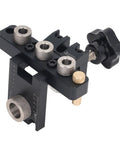 Heavy-Duty Doweling Jig Drill Kit With Adjustable Depth Locator and Three Pro Bits, featuring precision aluminum and adjustable settings.