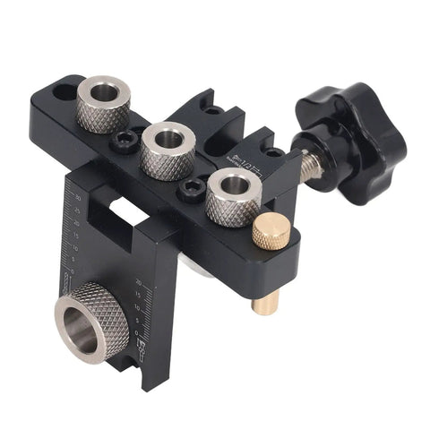 Heavy-Duty Doweling Jig Drill Kit With Adjustable Depth Locator and Three Pro Bits, featuring precision aluminum and adjustable settings.