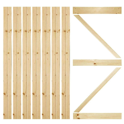Solid Pine Core Unfinished Interior Barn Door Slab DIY Kit 83.5 Inches By 36 Inches One And Three Eighths Inch Thick Knotty Pine With Beaded Or Smooth Surface Pre Drilled For Hardware Sold Separately showing wood slats and cross beams