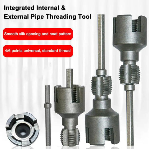Dual Function Pipe Threading Tool For 1/2 And 3/4 Inch Pipes, Internal And External Thread Cutter, PVC And Plastic Rethread Kit, Electric Drill Compatible Pipe Tap Die Set, DIY Friendly, front view.