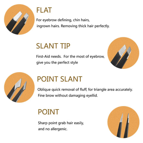 4 In 1 Tweezers Set With Travel Case, flat, slant, pointed tips for precise eyebrow grooming and ingrown hair removal