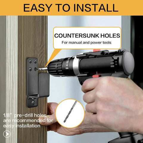 Installation of 2 Pack Door Barricade Brackets For 2x4 Lumber Drop Open Bar Holder For Home Security using a drill