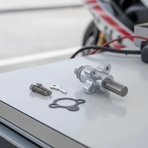 Top Shelf Aluminum Cam Chain Tensioner With Manual Tune Up For CBR600RR 2003 2018, bolts & seals on a workshop table.