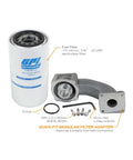 Quick-Fit Filter Adapter Kit for up to 25 GPM fuel transfer pumps with a 10 micron particulate filter and modular hardware components.